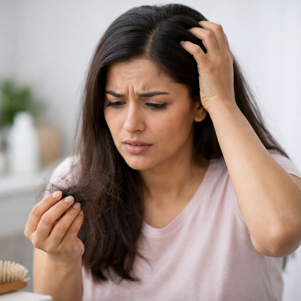 oman experiencing hair fall problem while checking hair loss in hand