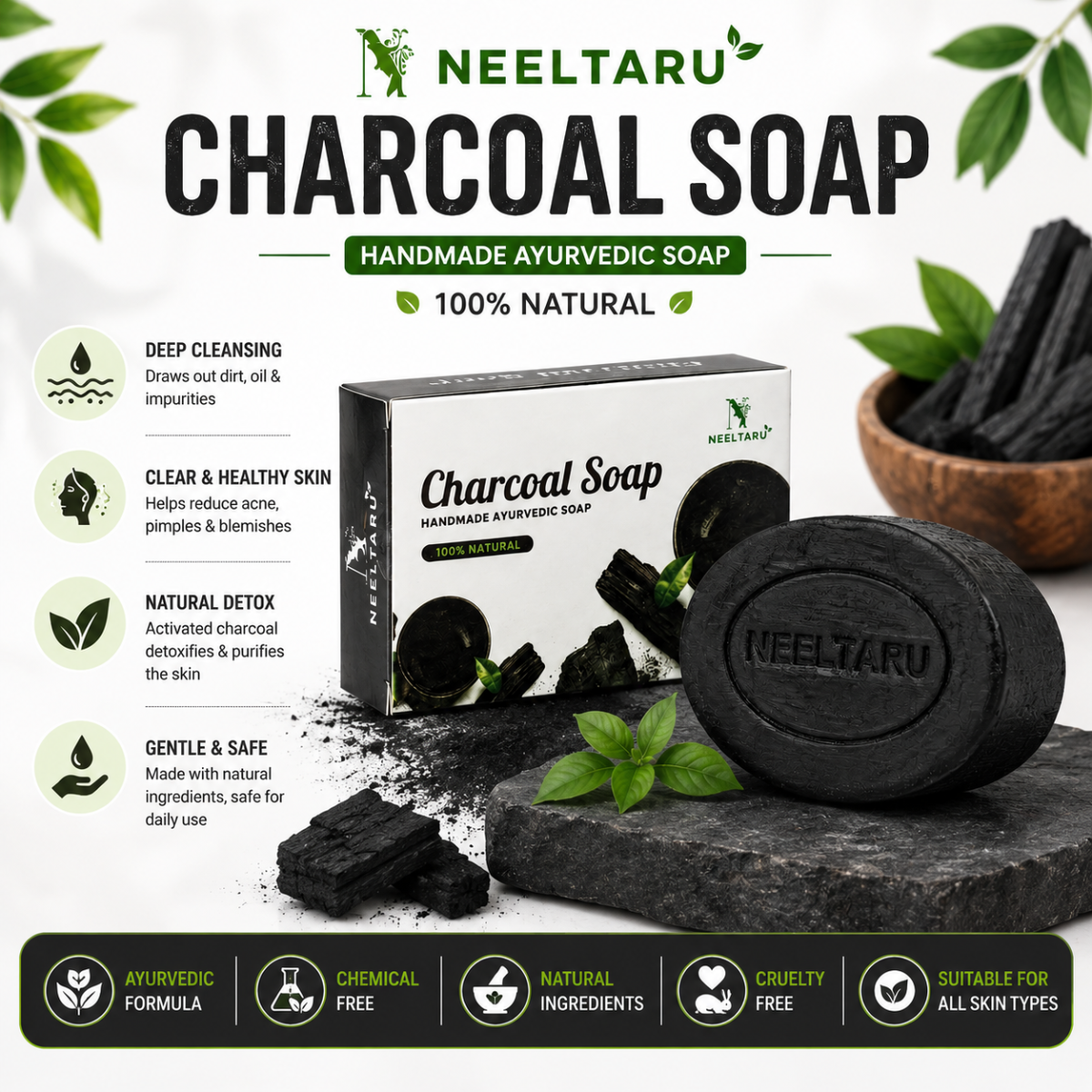 Neeltaru Charcoal Soap Combo Pack (Buy 4 Get 1 Free) – Ayurvedic Deep Cleansing Soap for Clear & Fresh Skin - Image 3